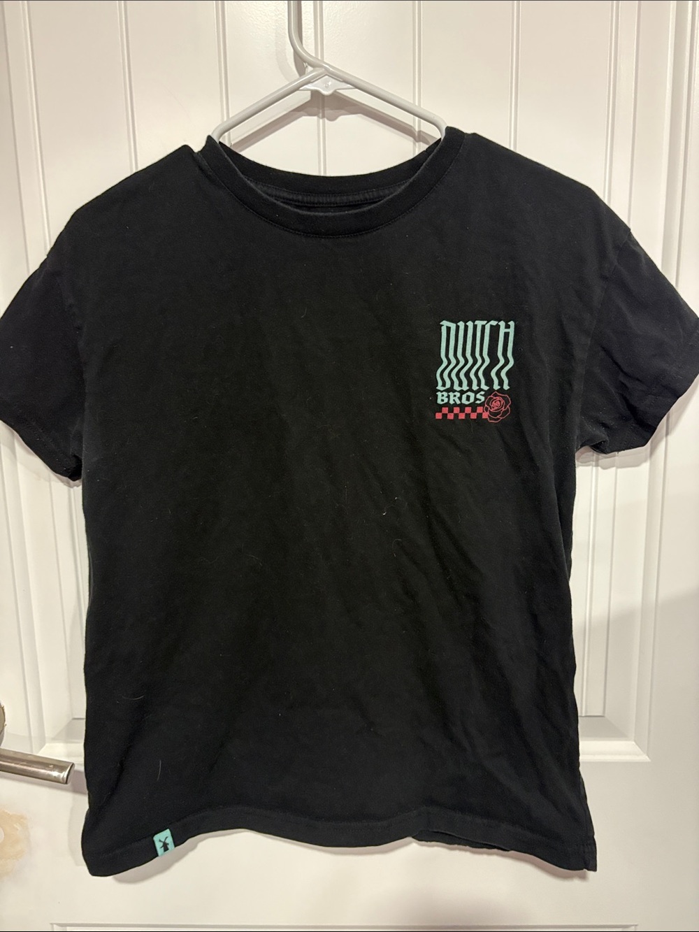 Dutch Bros Black Tee with Mint and Red Chest Graphic